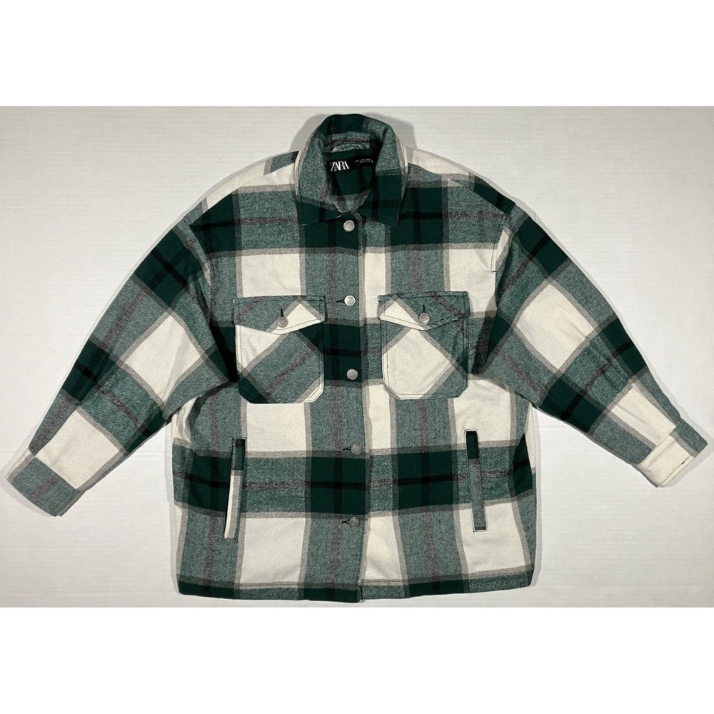 Zara Flannel Shirt Jacket Green Plaid Overshirt Shacket Oversized Womans Size S